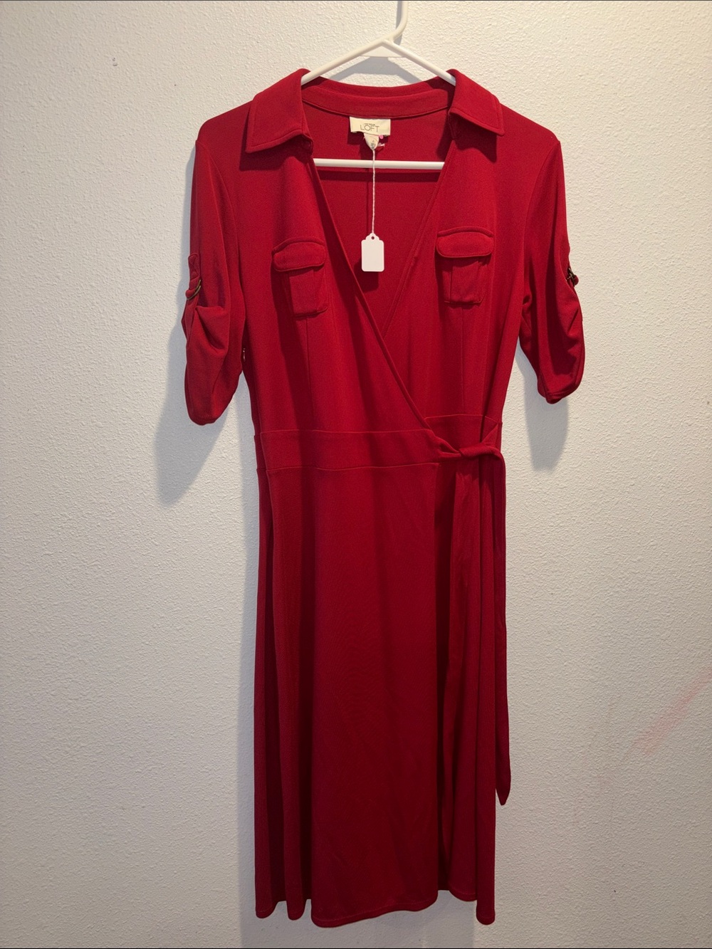LOFT Red Midi Wrap Shirt Dress with Utility Pockets - Picture 1 of 5